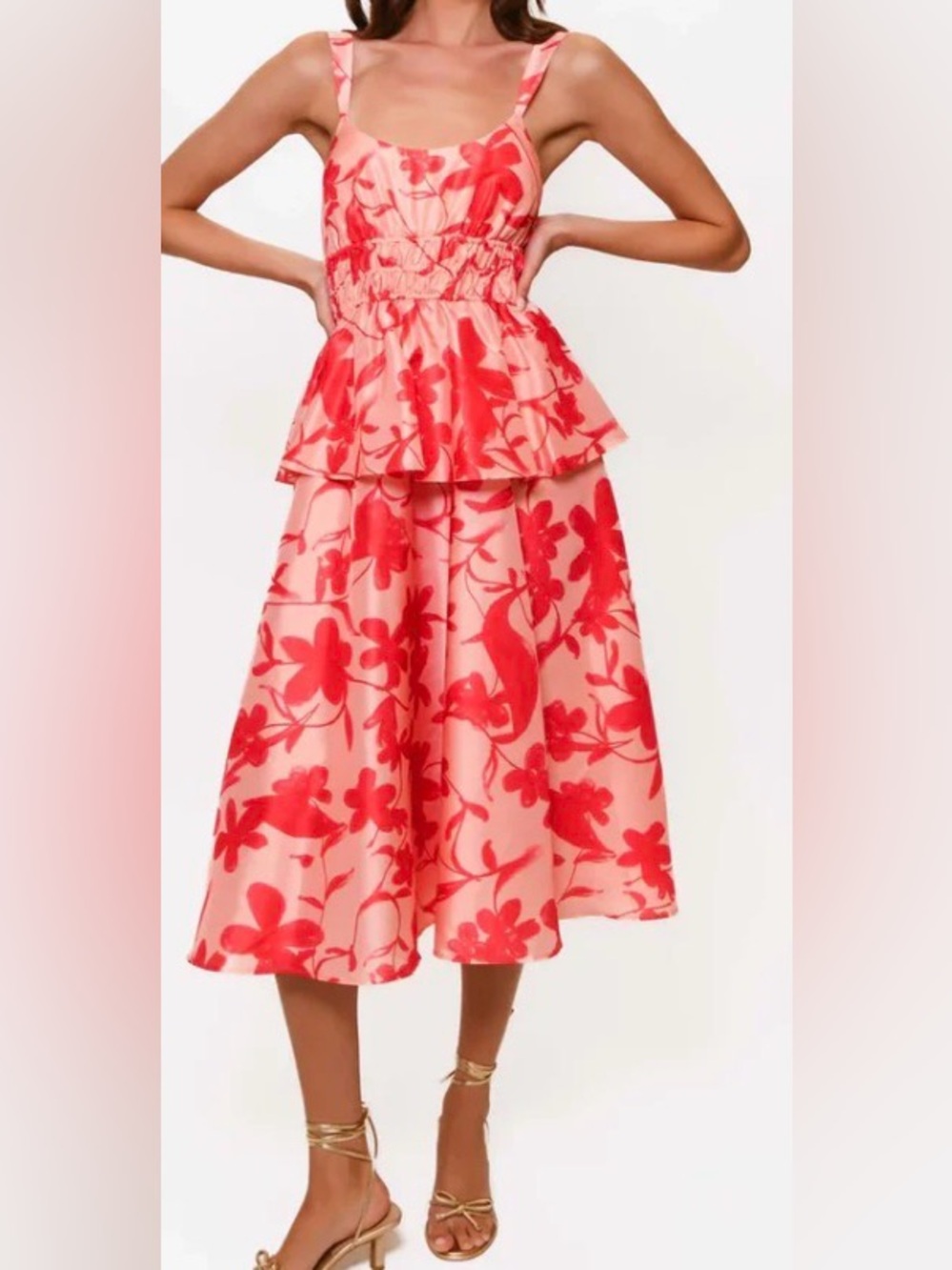 Hutch red/pink abstract floral peplum waist overlay, multi-tier midi dress: M